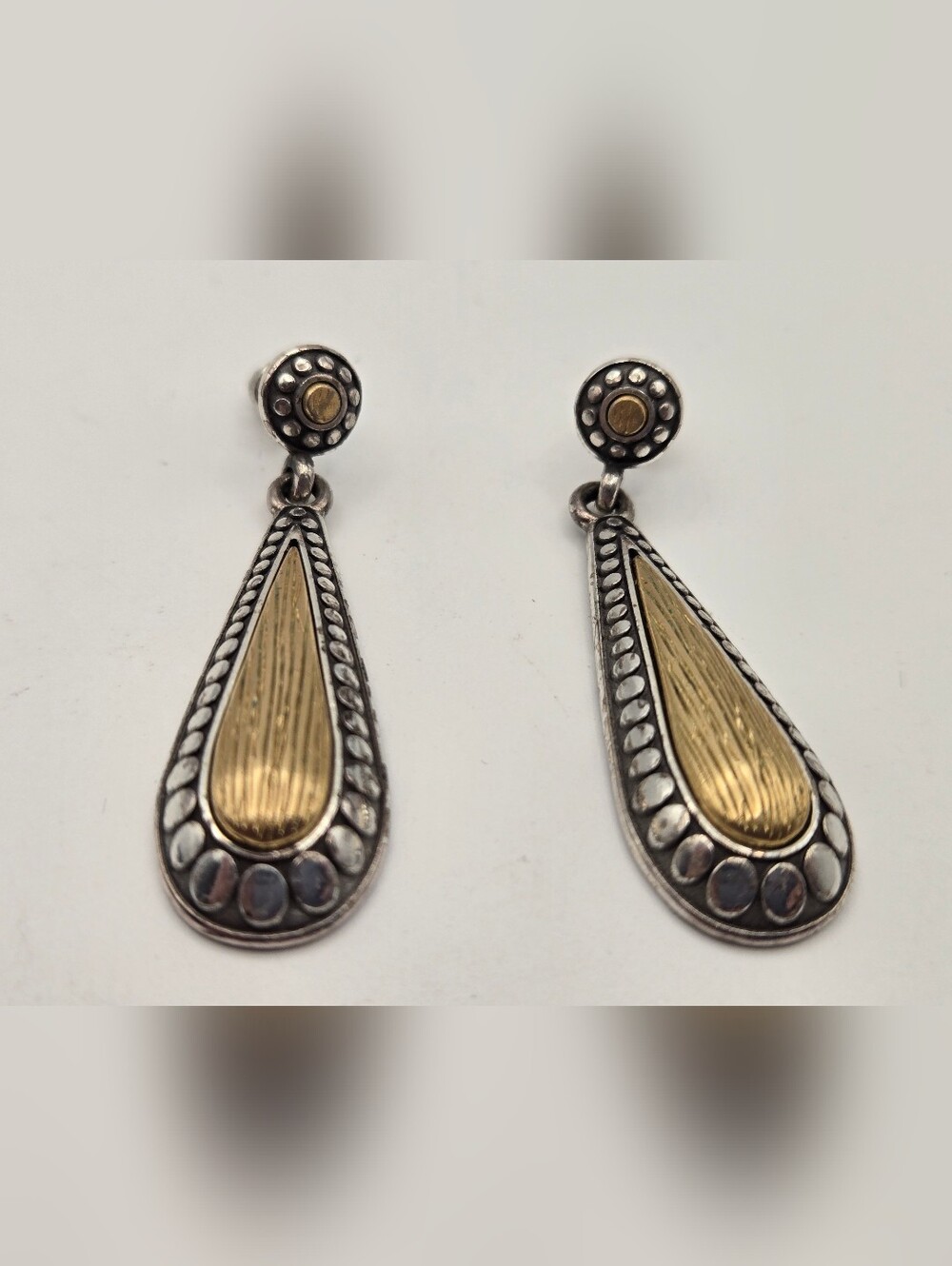 Brighton Two-Tone Teardrop Dangle Earrings Gold Silver Border Dot Accents Bali